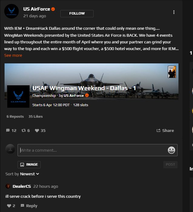 How <a href="/CounterStrike/">CS2</a> players feel about the <a href="/usairforce/">U.S. Air Force</a> <a href="/FACEITcs/">FACEIT CS2</a>