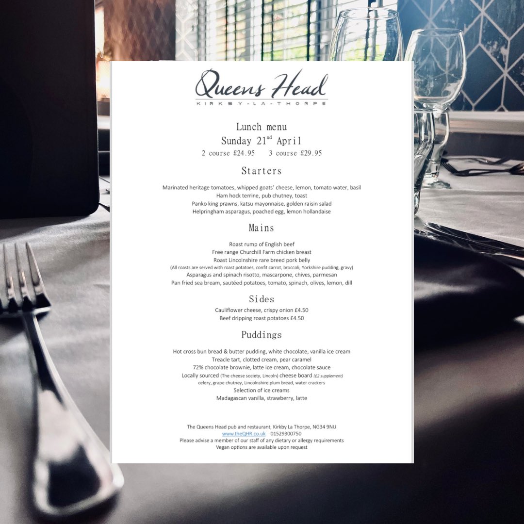 Sunday lunch menu this week……@QueensKirkby #LincsConnect app.walkup.co/create_booking…