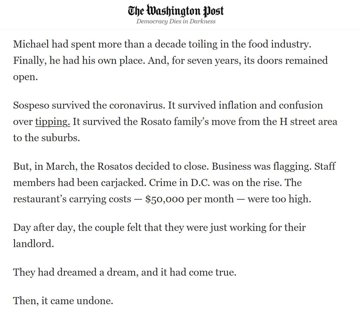 By their account, a couple running their dream small business had to shutter it because of crime, the victimization of their staff, and the disconnect between neighborhood conditions and carrying costs. These small tragedies are how a city comes undone. washingtonpost.com/dc-md-va/2024/…