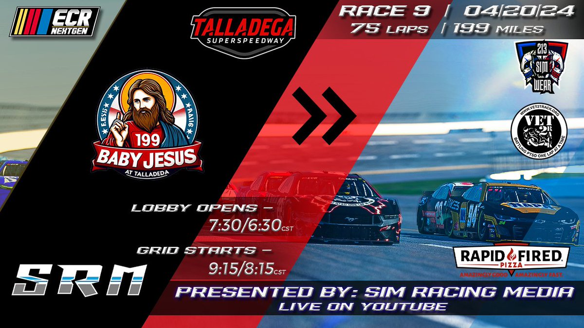 Raceday!! Tonight, we head to the Highbanks of <a href="/TALLADEGA/">Talladega Superspeedway</a> for 199 miles of action-packed racing.

Who will survive and grab the 🏁🏆 tonight?

Tune in live at 9:10 pm et and find out, as <a href="/SimRacingMedia1/">Sim Racing Media</a> call all the action live on <a href="/YouTube/">YouTube</a>!

youtube.com/live/Vyw4rBQYs…