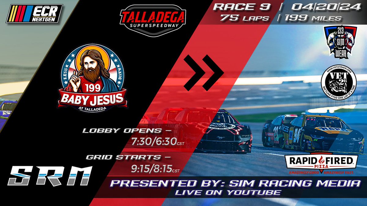 Raceday!! Tonight, we head to the Highbanks of @TALLADEGA for 199 miles of action-packed racing. Who will survive and grab the 🏁🏆 tonight? Tune in live at 9:10 pm et and find out, as @SimRacingMedia1 call all the action live on @YouTube! youtube.com/live/Vyw4rBQYs…