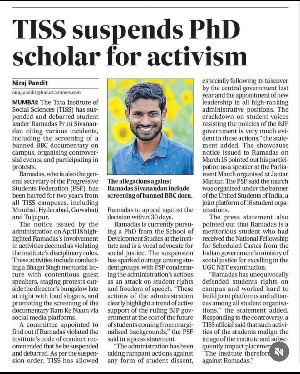 Outrageous! Debarring a Dalit scholar from all TISS campuses for two years for organising a Bhagat Singh memorial lecture and screening Ram Ke Naam or the BBC documentary on Modi negates the very idea of an academic institution where dissent and dialogue should be sacrosanct.