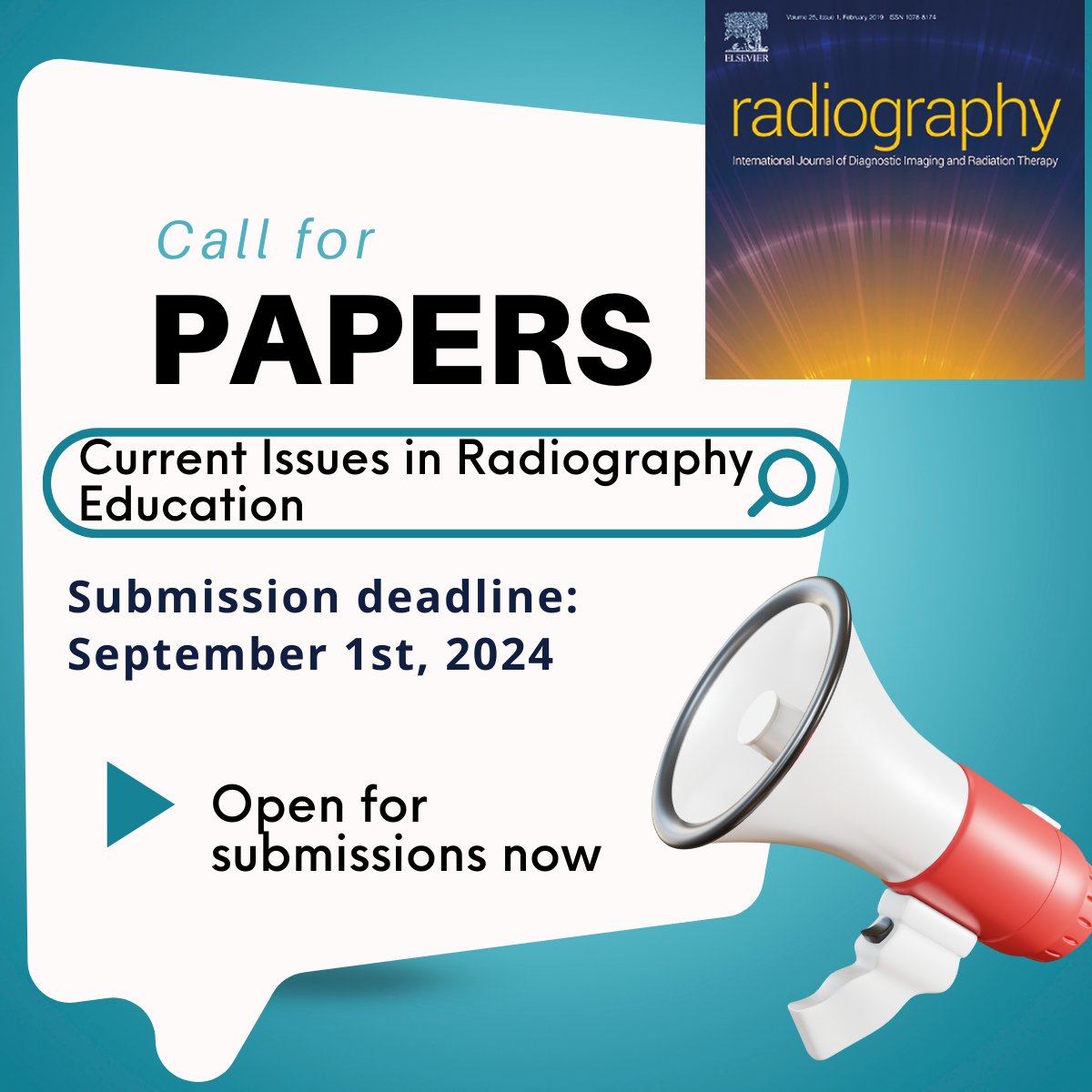 🚨📢We are currently seeking submissions for our upcoming Special Issue focusing on: Current Issues in Radiography Education You can read more about this exciting opportunity here: radiographyonline.com/call-for-paper… @Andrew_Tootell @LARdublin @YobelliJ @SCoRMembers @EFRadiographerS