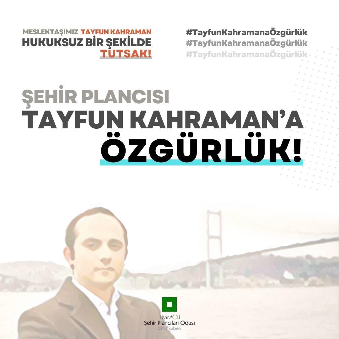 Doğa olaylarının birer afete dönüştüğü memleketimizde; meslektaşımız Tayfun Kahraman, İstanbul’un en önemli afet toplanma alanlarından biri olan Gezi Parkı için mücadele etmiştir. Afet toplanma alanlarının yapılaşmaması için mücadele etmek suç değildir! #TayfunKahramanaÖzgürlük