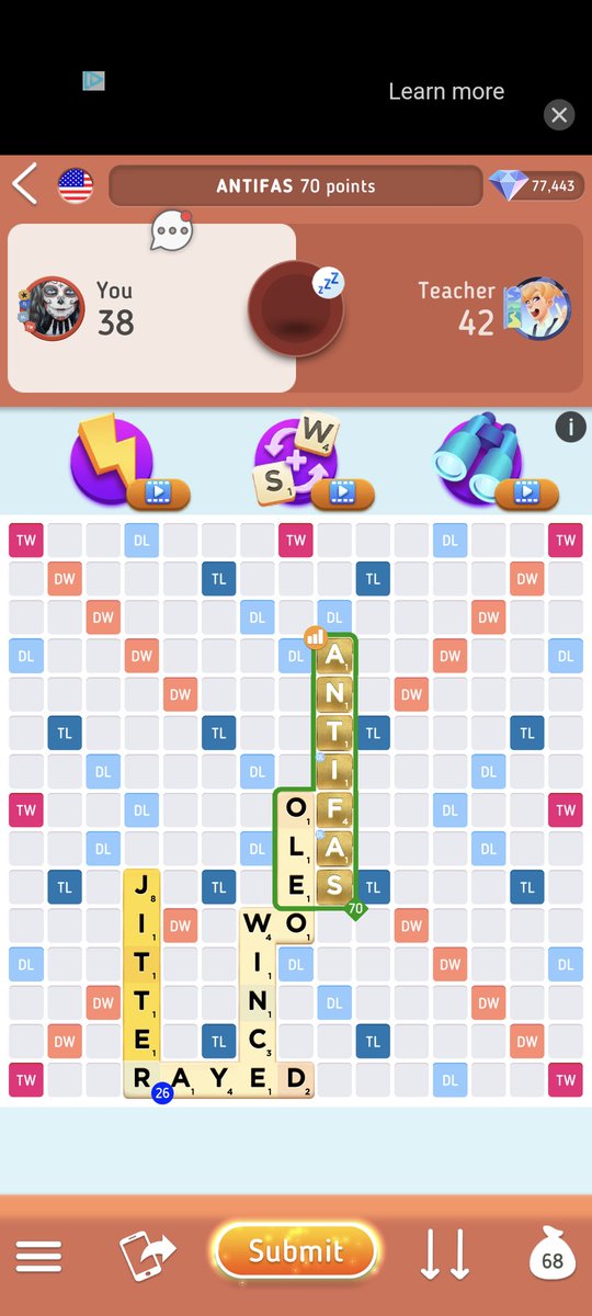 Just goofing around trying to get rid of all my letters but as it turned out Antifas is an official Scrabble word. 😂