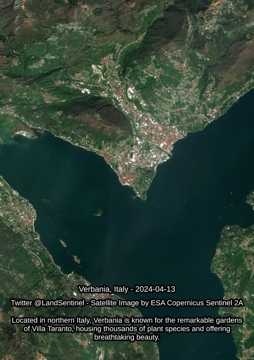 Verbania - Italy - 2024-04-13 Located in northern Italy, Verbania is known for the remarkable gardens of Villa Taranto, housing thousands of plant species and offering breathtaking beauty. #SatelliteImagery #Copernicus #Sentinel2