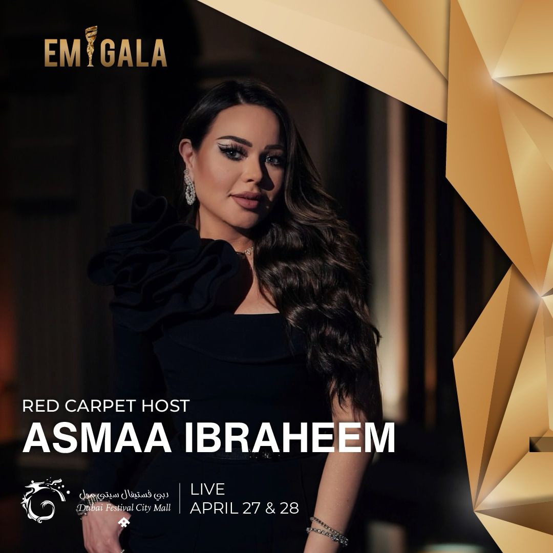 TV presenter @asmaa_ibraheemofficial will be hosting the Red Carpet live TV Broadcast at the EMIGALA 2024 Watch her live on April 28 from Festival Bay, dubaifestivalcitymall starting 06:00 PM GST #TheEMIGALA