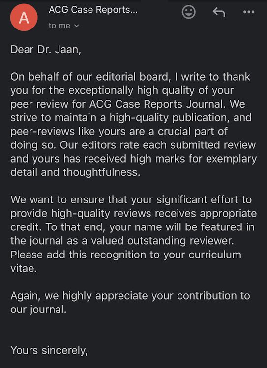Effective peer review is essential for ensuring the dissemination of good quality scientific literature. Thankful to @ACGCRJ for the opportunity and for their recognition.