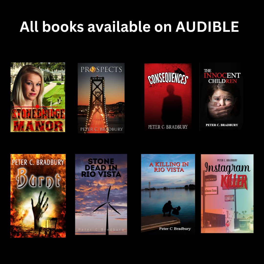 Thrilling reads that are all available on audio! 

petercbradbury.com 

#audible #audio #audiobooks #listen #suspense #suspensebooks #thrillers #thrillerbooks #murders #mysteries #smalltowns #whodidit #exciting #pageturners