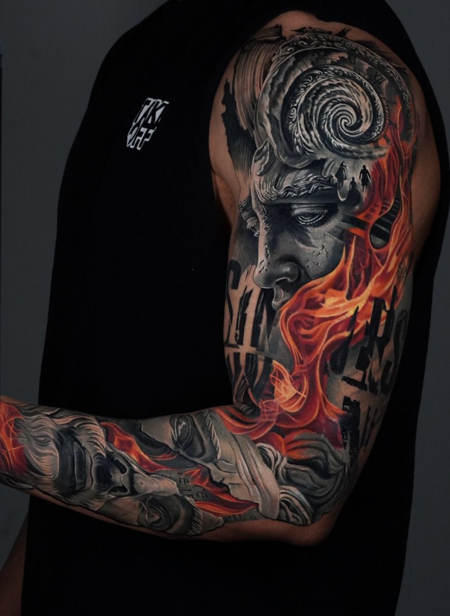 matthew6xx's tweet photo. My sleeve masterpiece tattoo is now completed! ✔️✔️ 
#tattoo #sleevetattoo #fireandstone #sexytattoo https://t.co/sw09THI14b