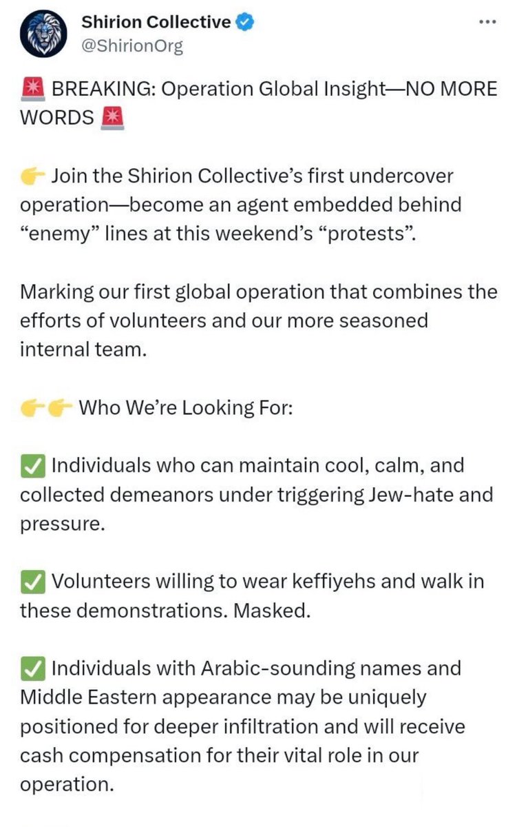 el_sabawi's tweet photo. They are using ex-Mossad agents to train people with “Arabic sounding names” and who are “Arab-looking” to wear a keffiyeh, attend protests &amp; gather intelligence. 

(Interesting that San Diego, CA is one of the cities they are targeting.) https://t.co/1Ri3I9qXQv