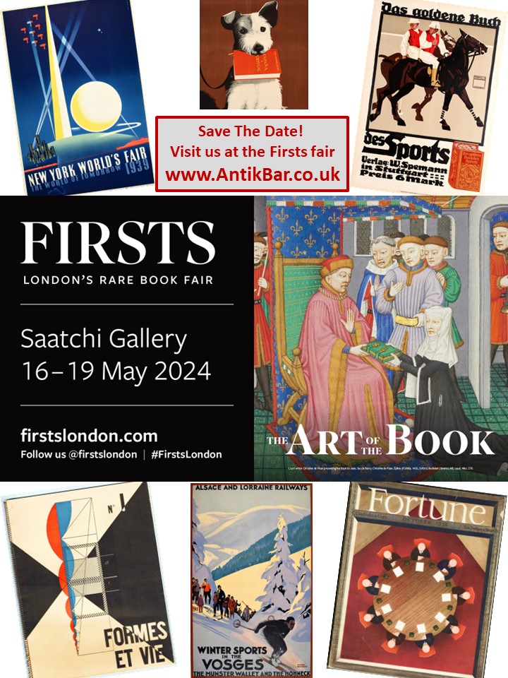 📌 Save the Date! We will be exhibiting at Firsts London at the Saatchi Gallery from 16-19 May. More information incl. tickets and highlights: antikbar.co.uk/news_and_event… #AntikBar #VintagePosters #Books #FirstsLondon [all our Upcoming Events are listed at antikbar.co.uk/news_and_event…]