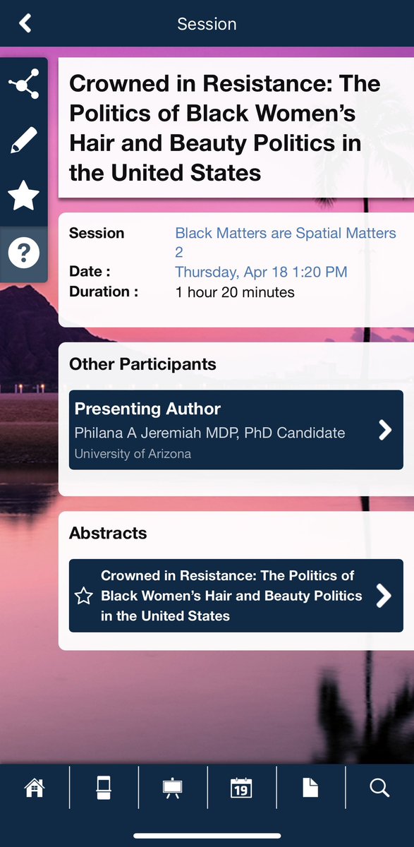 PAJeremiah's tweet photo. I’ve had an amazing time @theAAG  Thank you, @spacedemands and @McCutcheonPR  for inviting me to present. Thank you to the founders of  @BlackGeogs for creating a place…I am happy to add Black Hair Geographies into the conversation #AAG2024 #Hawaii https://t.co/Zmvkhn4N6P