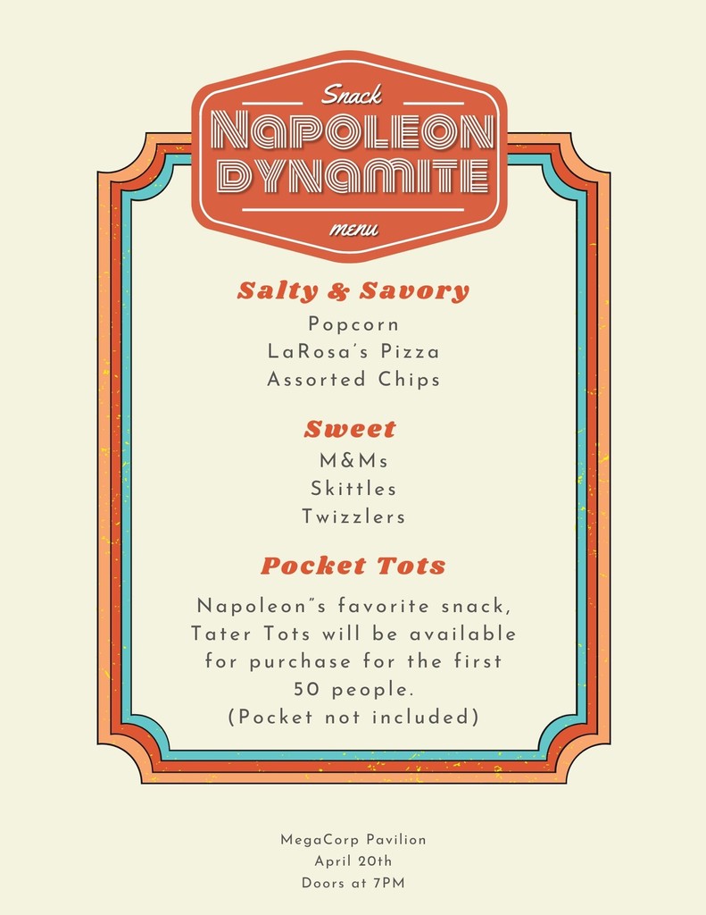 You didn't think we'd forget the tots did you? Check out our exclusive Napoleon Dynamite snack selection for tonight's show. Be one of the first fifty people in and stuff your pockets with some delicious tater tots. 🦙 Tickets are still available! axs.com/events/516209/…