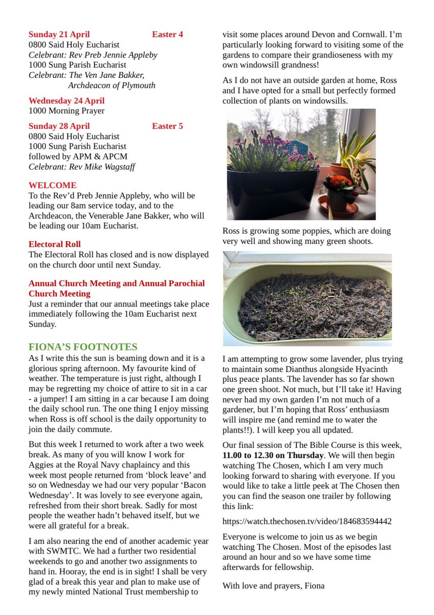 StokeDChurch's tweet photo. Our Sunday newsletter for this week. 
Do join us tomorrow for our 8am service when we’ll be joined by Revd Jenny Appleby, or our 10am service when we’ll be joined by the Venerable Jane Bakker. We are delighted to welcome both.
#EveryoneWelcome #Eastertide #HeIsRisen https://t.co/9e7bFYhAFo