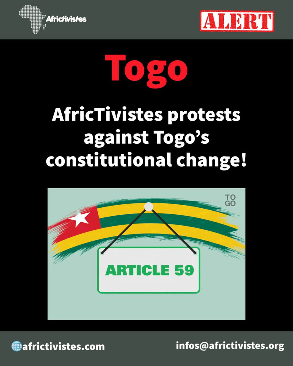 #AfricTivistes appelle le président @FEGnassingbe à ne pas promulguer cette Constitution adoptée après une confiscation du droit de vote. Nous restons solidaires du peuple togolais et condamnons fermement toute action visant à entraver la souveraineté populaire et les libertés…