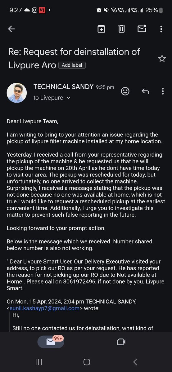 technicalsandy1's tweet photo. @LivpureSmart @LivpureSmrtHome @sachin_rt  No one has arrived for the collection of faulty RO machine installed at my home location Since last 1 month. This level of service is unacceptable and reflects poorly on Livepure's commitment to customer satisfaction. https://t.co/pVswk2n6Z8