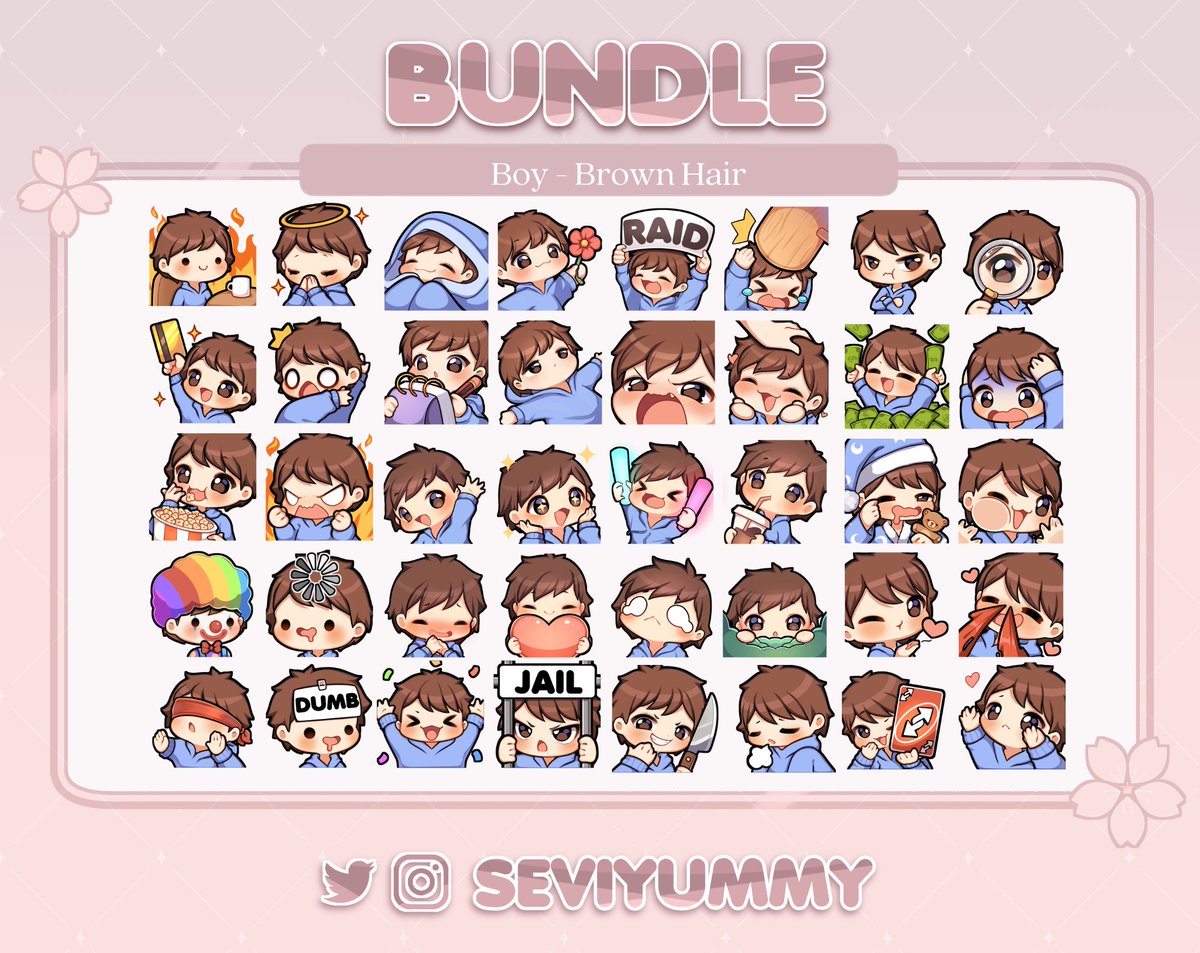 Boy - Brown Hair 
Pre-made bundle of emotes!

🌸💲4⃣0⃣ for the whole bundle ^^🌸
You can find these and more here:
✨ etsy.com/shop/SeviYummy

✨ ko-fi.com/seviyummy/shop
