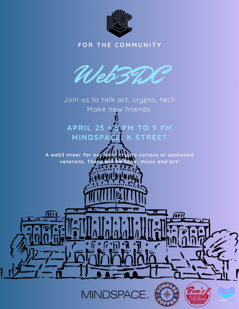 Web3DC's tweet photo. 🚀 Join us for ‘the perfect date’ at the Web3/Crypto mixer this Thursday, April 25th! 60 RSVPs and counting! Remember to bring your ID for entry into building. Don’t miss out! #Web3 #Crypto #Networking
#mindspaceDC #web3dc #WashingtonDC
@MindspaceME https://t.co/dtTGl9C4R2