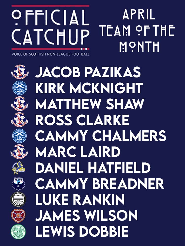 Due to the new schedule of the Lowland League Cup this year...here is the Catchup's first ever Team of the Month for April and our last of season 2023-24.

Strollers ended the season with an impressive 5 game winning streak securing 7th. 🔥

Congrats to all that made it in. 👏👏