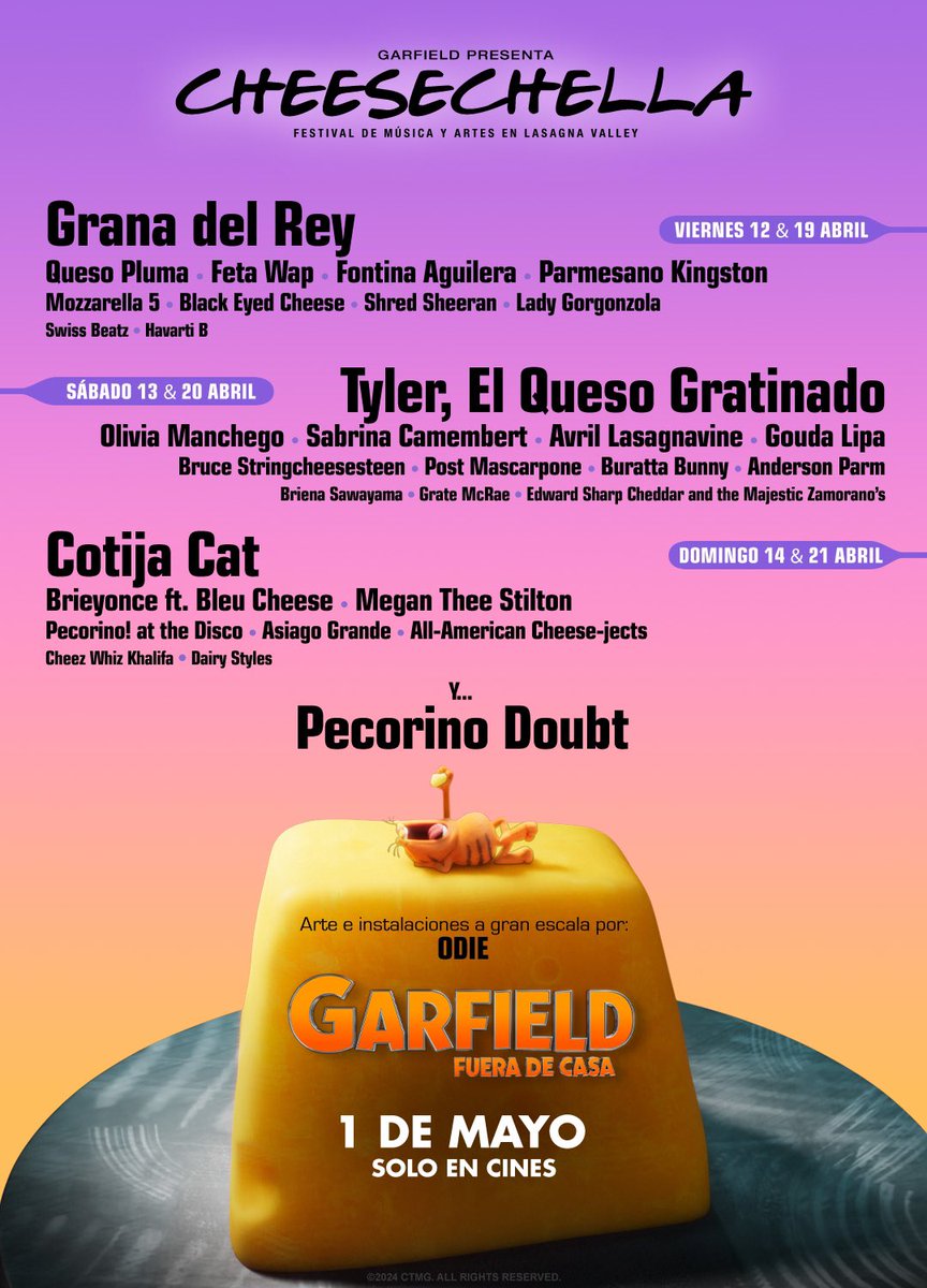 Quesochella fue festival más esperado del año y Garfield nombró a sus artistas favoritos. ¿Cuál agregarías tú? Mira en acción al experto en queso en #Garfield: Fuera De casa, en cines desde el 1 de mayo. . 😻🙅🏻