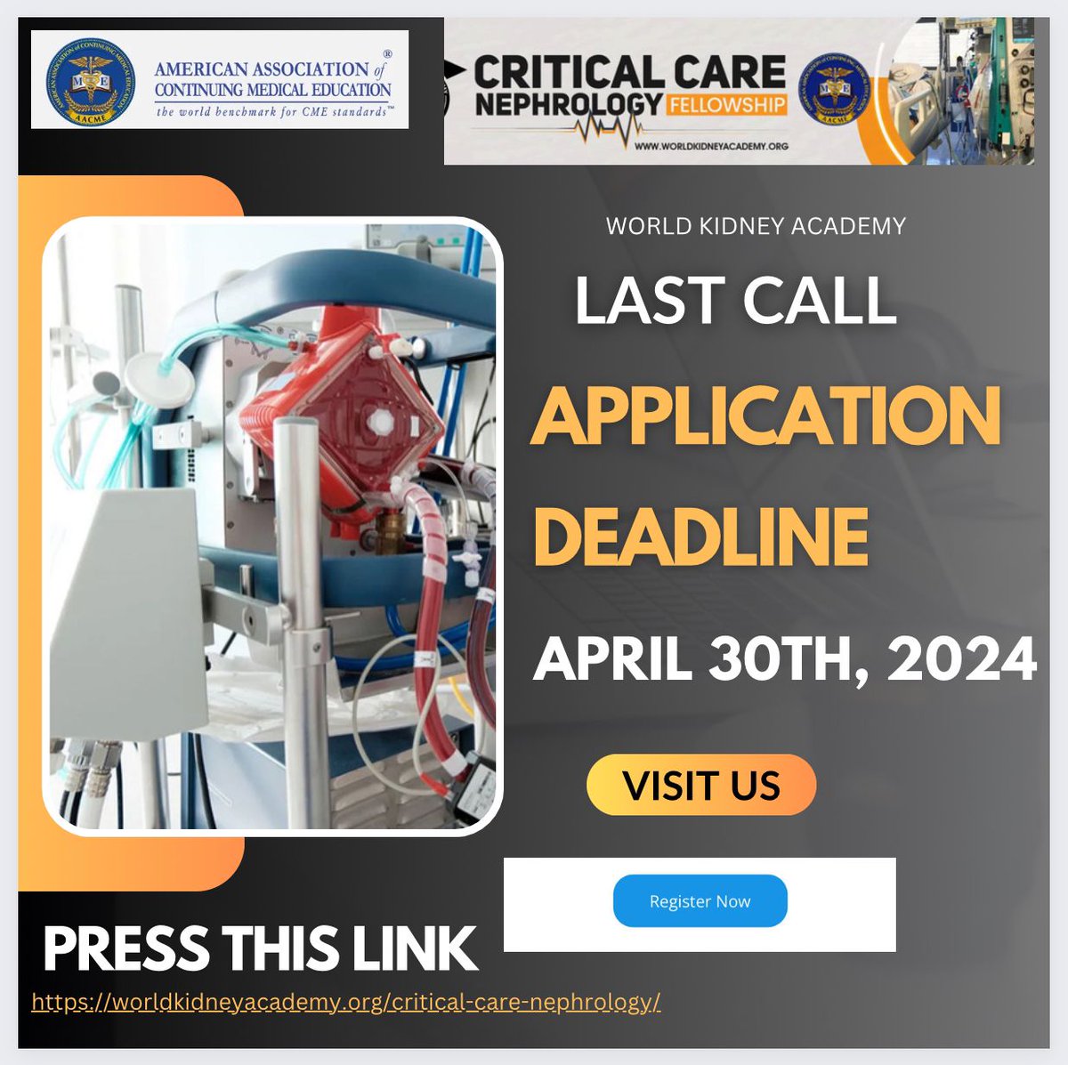 The Critical Care Nephrology Fellowship Application Deadline is Tuesday April 30, 2024.
worldkidneyacademy.org/critical-care-…
Accredited by the American Association of Continuing Medical Education (AACME).
Sponsored by the World Kidney Academy (WKA).