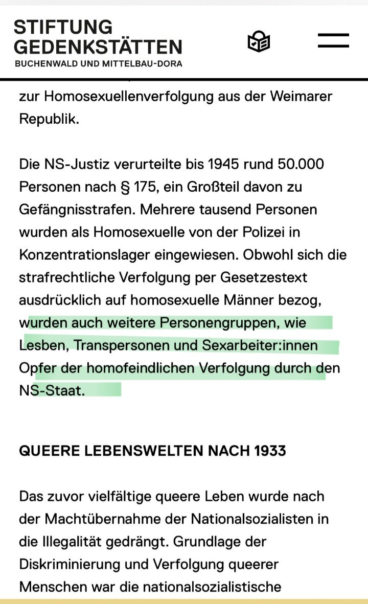 Dieser Tweet wird grad inkl. hämischer Kommis durch die #TERF Bubble geschickt. Keine Lust allen einzeln zu antworten. Gelesen werde ich ja offenbar eh...also auf diesem Wege... Mit besten Dank an @SDevilslittle , von der ich die Quelle geklaut habe... 1 stiftung-gedenkstaetten.de/themen/online-…