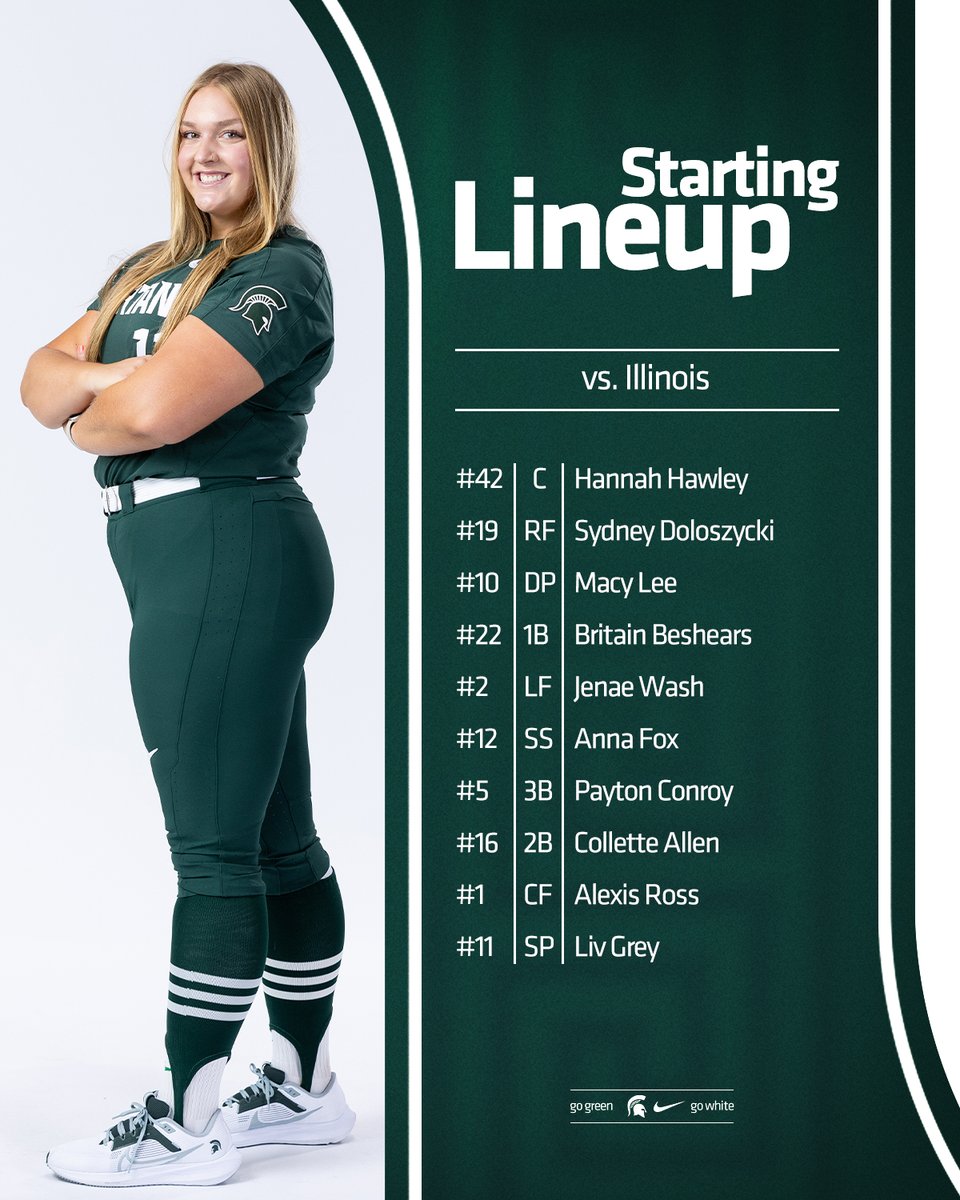 Spartan starters for game two against Illinois!

Follow along live ⬇️

💻: sprtns.co/4b3Rkk1
📻: sprtns.co/3UqSXD3
📊: sprtns.co/3U92H3f

#GoGreen | #SpartanUp