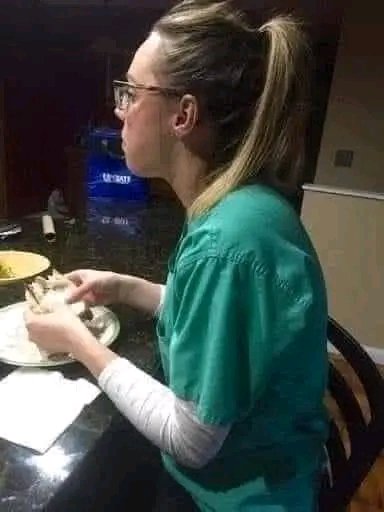 @EndWokeness A Wonderful Lady 🥰 This is my wife Jessica having dinner after a 14 hour day. She comes home from work, has enough time to eat and get ready for bed and it’s back to work the next day for another shift. She is up early to get ready for her day. She doesn’t like to be bothered in