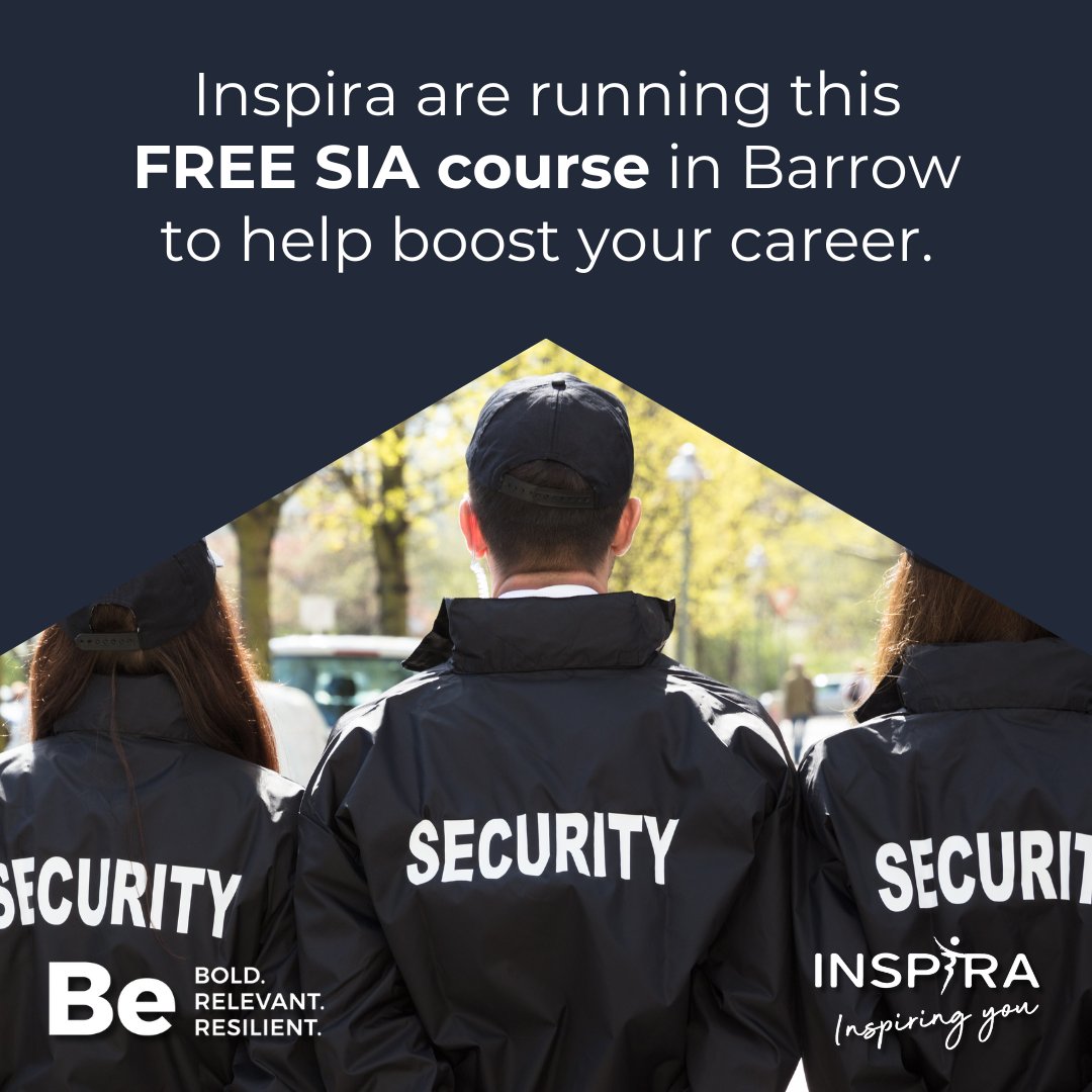 Launch your security career with our FREE SIA course starting on May 3rd. The Induction will be April 23rd (1pm) at Inspira 237-241 Dalton Road, Barrow. Call 01229 824052 to book & check eligibility. #Security #FreeCourse #Barrow #SecurityCourse @JCPincumbria
