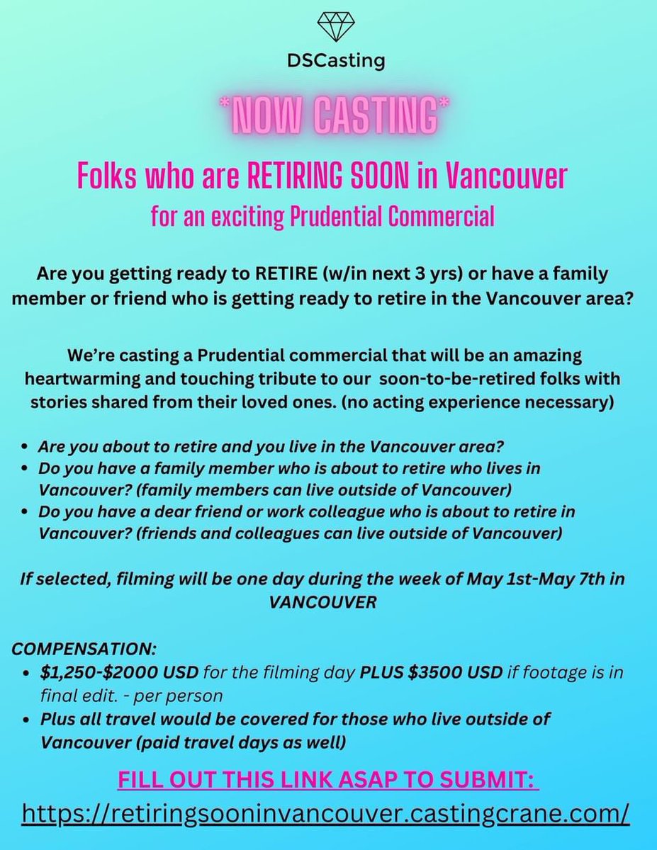 ATTENTION SENIOR LATINX TALENT! 📣 Iliana Casting is looking for folks who are retiring soon in the Vancouver area for an upcoming Prudential commercial. You can fill out the form at …iringsooninvancouver.castingcrane.com if interested. 📝