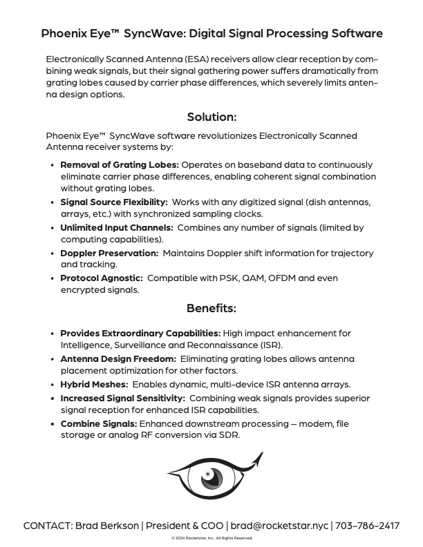 RocketStarSpace's tweet image. SyncWave revolutionizes the ability to easily array radio antennas without grating lobe and phase interference. It enables superior signal reception & design flexibility for enhanced communication and sensor performance.
#dsp #digitalsignalprocessing #communication #militaryops