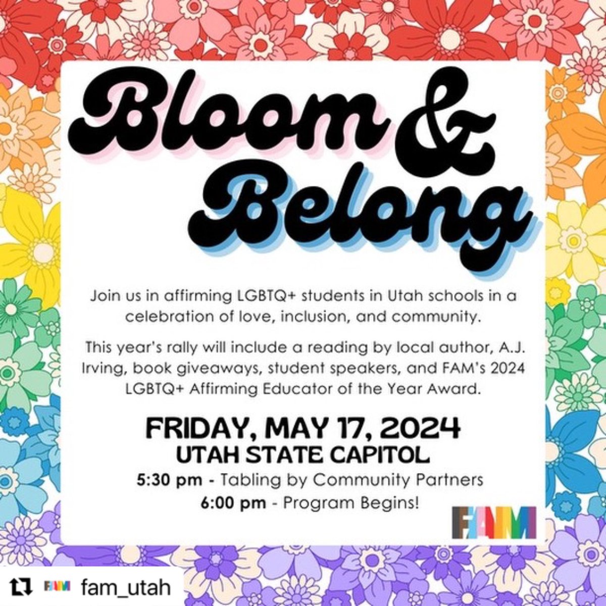 Utah friends! I hope you will join me in supporting LGBTQ+ youth at the @fam_utah rally on Friday, May 17! I’m excited to read THE WISHING FLOWER by @kipalizadeh & me and celebrate the incredible work @fam_utah does for our students and teachers! 🏳️‍🌈 💖🏳️‍⚧️ #lgbtq #kidlit