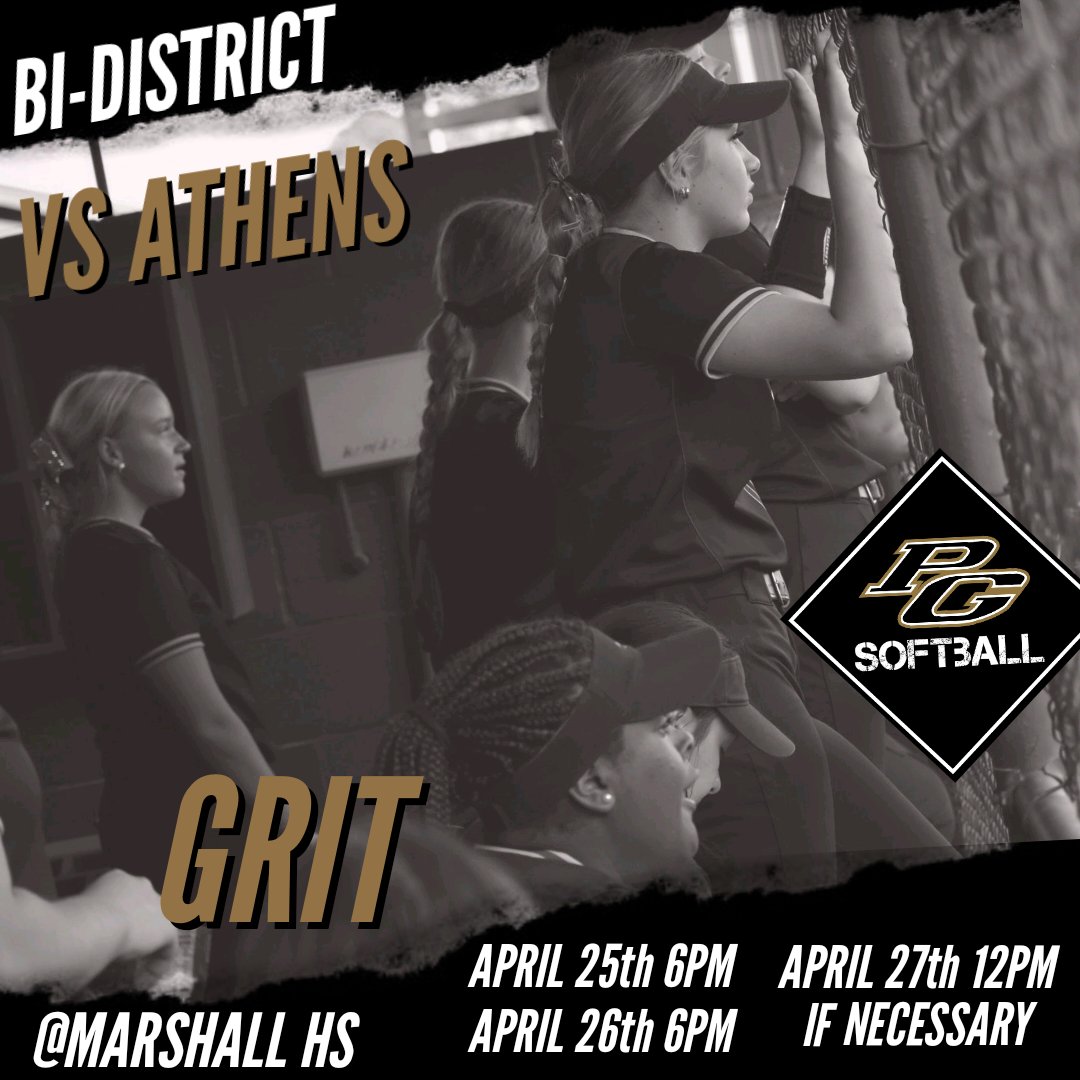 Bi-District round of playoffs we will be playing a series vs Athens at Marshall HS. Dates and times: Thursday April 25th at 6pm, Friday April 26th at 6pm and if necessary, Saturday April 27th at 12pm. Tickets will be 3/5 and passes accepted.
Show up &amp; Be loud!
#GRIT