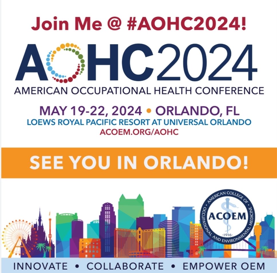 Join us for 4 days of learning and connection at #AOHC2024 <a href="/ACOEM/">ACOEM</a> from May 19-22 in Orlando, Florida.

AOHC is the largest gathering of occupational and environmental medicine professionals. Want to learn more? Visit acoem.org/aohc for more information!