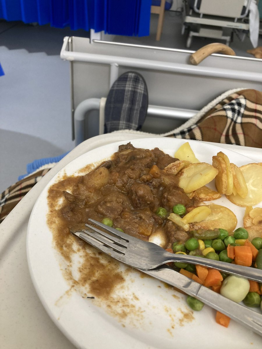 This was the slop my father just got served in the Princess of Wales hospital. Luke warm beef casserole out of a tin, with cold potatoes…..his lunch was also a cold dinner. I now have to take him some fish and chips because he’s so hungry. Bloody disgraceful. #nhswales 😡