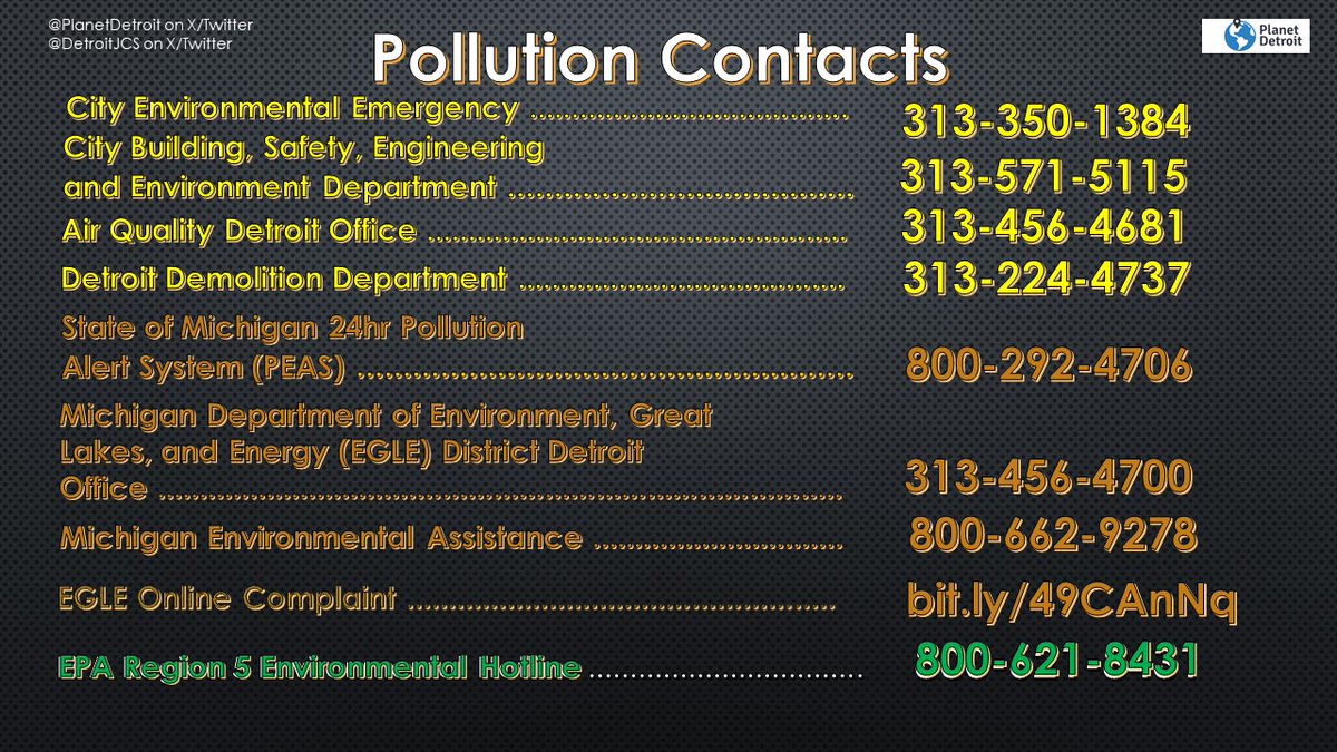 If you are experiencing pollution 😷...use this Pollution Contacts list to inform officials of your concern, or to provide feedback on any 🌬️ 🪨 🔥 🌊 pollution where you are. #Detroiters #Michiganders #airpollution 🌬️ #smokepollution 🔥#waterpollution 🌊