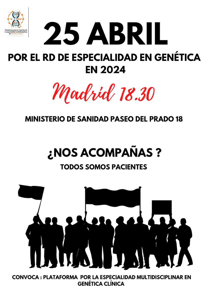 Este 25 de abril a las 18:30 acompáñanos por el RD de Especialidad Genética en 2024 en Madrid.

#TodosSomosPacientes 
💚💚💚