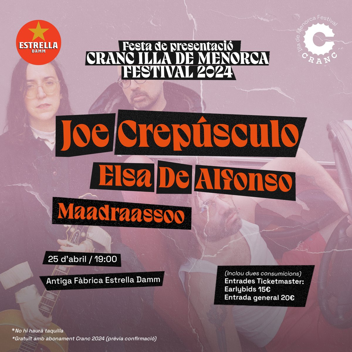 🙌 Apunta esta fecha: 26 de abril, en Barcelona, no te pierdas la Fiesta de Presentación del Cranc Illa Menorca Festival 2024 (@crancfestival) con Joe Crepúsculo, Elsa De Alfonso, Maadraassoo ✨🎶 Consigue tus entradas 🎫👉 bit.ly/3TfbVul