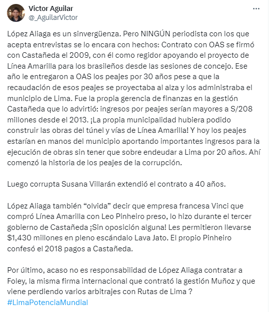 Importante recordatorio para @rlopezaliaga1_, el alcalde más incompetente, que lleva a Lima al desastre. El y su idolatrado Castañeda fueron parte de lo que, ahora, dice repudiar.