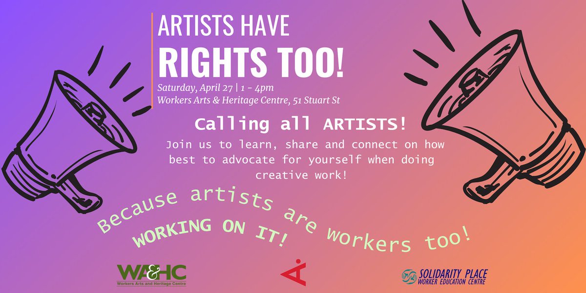 Making art is work. Hard work! But it's so rarely treated that way! We're hosting a free teach-in on April 27 with our pals @hamartinc + @SolidarityPlace to explore this very issue! Open to all! Bring your ideas, questions + save your spot today: eventbrite.ca/e/artists-have…