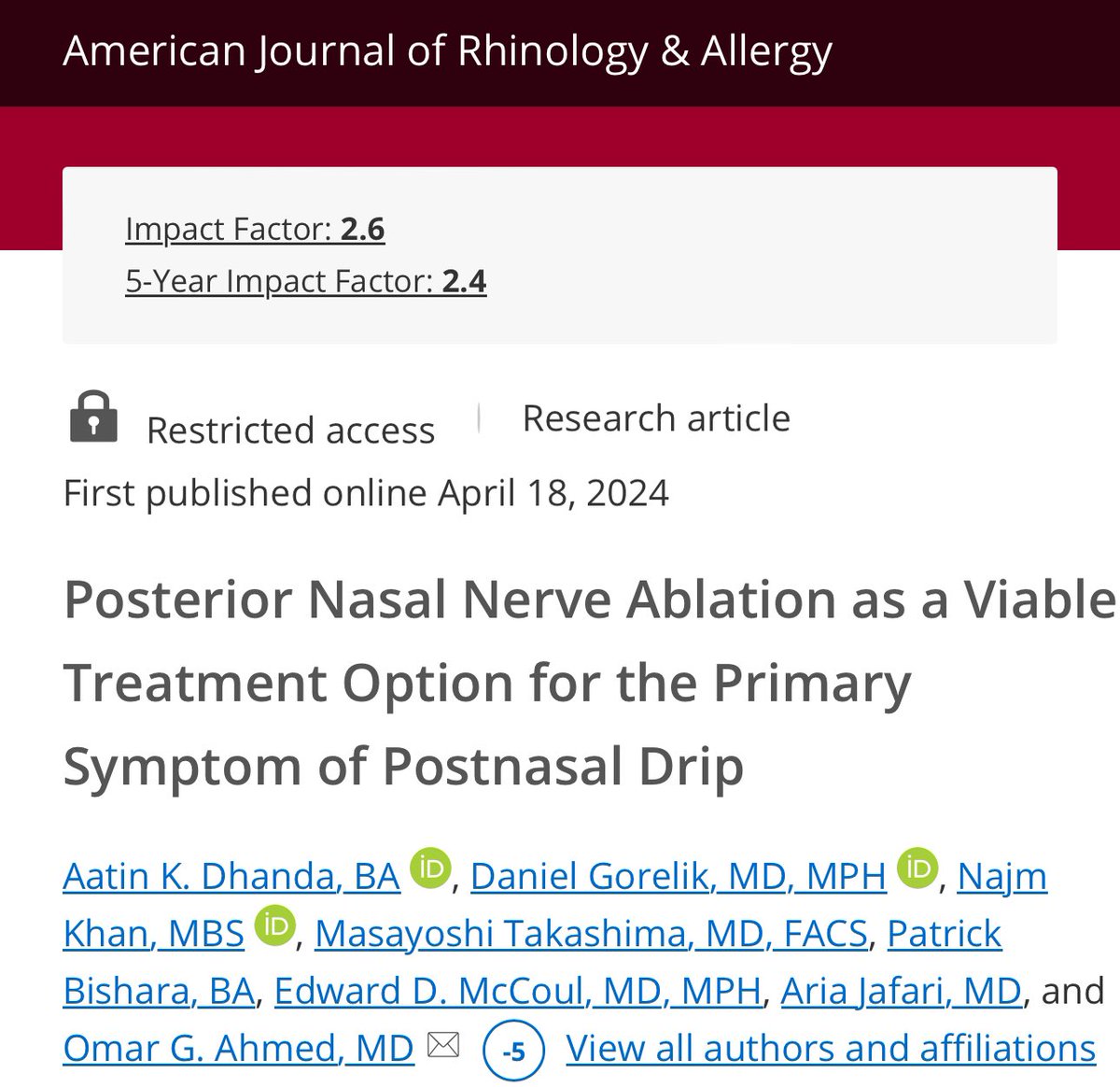 Post nasal drainage can be hard to treat. We look at ablating parasympathetic nerves to improve QOL. Multi institutional study led by Houston Methodist in collaboration with UW and Tulane. @sinusspecialist @oto_uw @HMethodistMD @AriaJafariMD journals.sagepub.com/doi/10.1177/19…