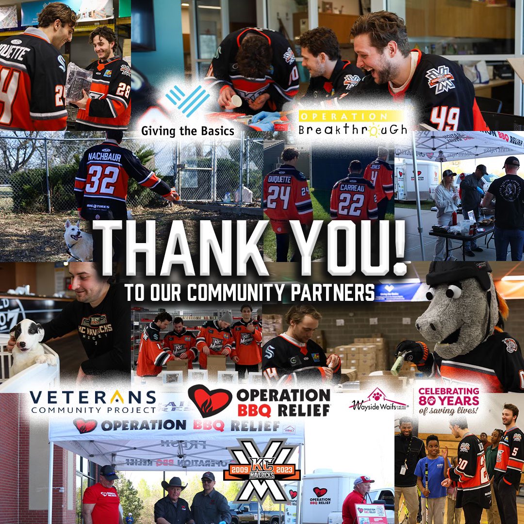 We want to say thank you to our five community partners of the 2023-24 season! It was truly amazing to shed light on these individual organizations in the Kansas City area! @GivingtheBasics | @OB_Inc_KC | @VCP_HQ | @OpBBQRelief | @WaysideWaifs