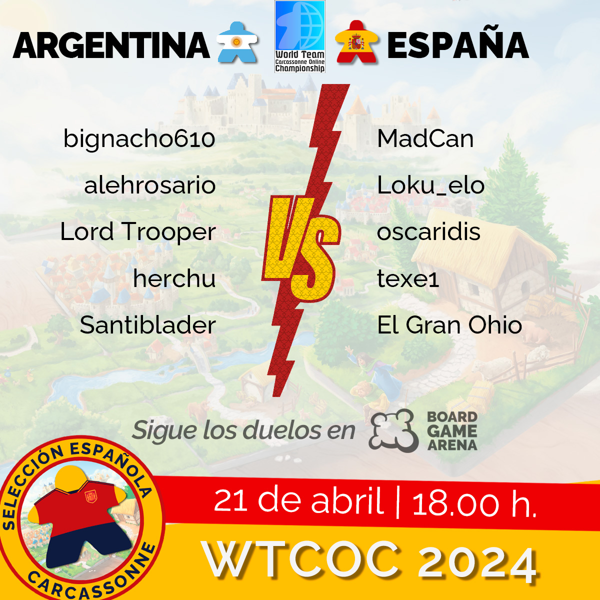 ¡Comienza el #WTCOC2024 para la #RojaCarcassonnera! 🙌 Mañana nos enfrentamos a Argentina en cinco duelos que prometen ser apasionantes... ¡y que podrás ver en directo con nosotros! 💪 ¡Te esperamos en Twitch a partir de las 18.00! 🔗twitch.tv/carcassonnespa…