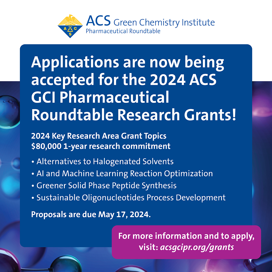 Don’t miss your chance to apply for a #GCIPR Research Grant to receive $80,000 for a 12-month research commitment. Proposals can be on any new #GreenChemistry or engineering research direction of relevance to the pharmaceutical industry. brnw.ch/21wJ0NL @ACSGCI