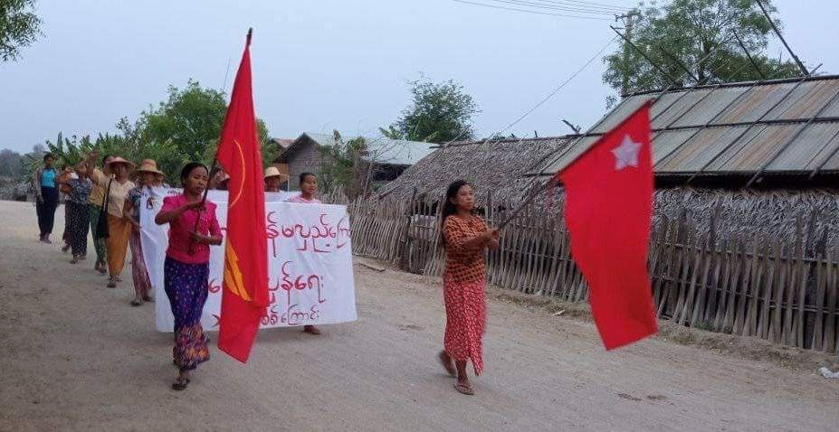 An anti-coup revolutionary protest somewhere in Sagaing region.  #2024Apr20Coup #AgainstConscriptionLaw #WhatsHappeningInMyanmar