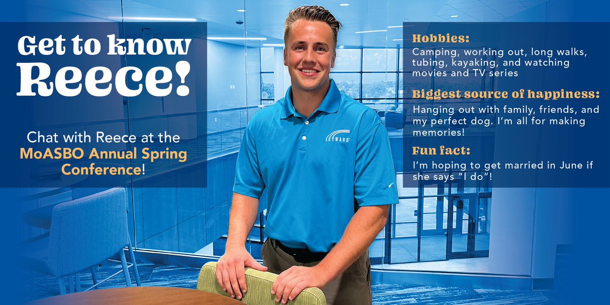 Skyward_Inc's tweet image. Missouri, here we come! 🎉 @Reece_Leyh is heading to #MoASBO2024 this week, and you can find him at booth 53!

Get to know Reece with the fun facts below, then pick your favorite as a conversation starter. We'll see you in the exhibit hall!

@moasbo #MoASBO #SIS #ERP