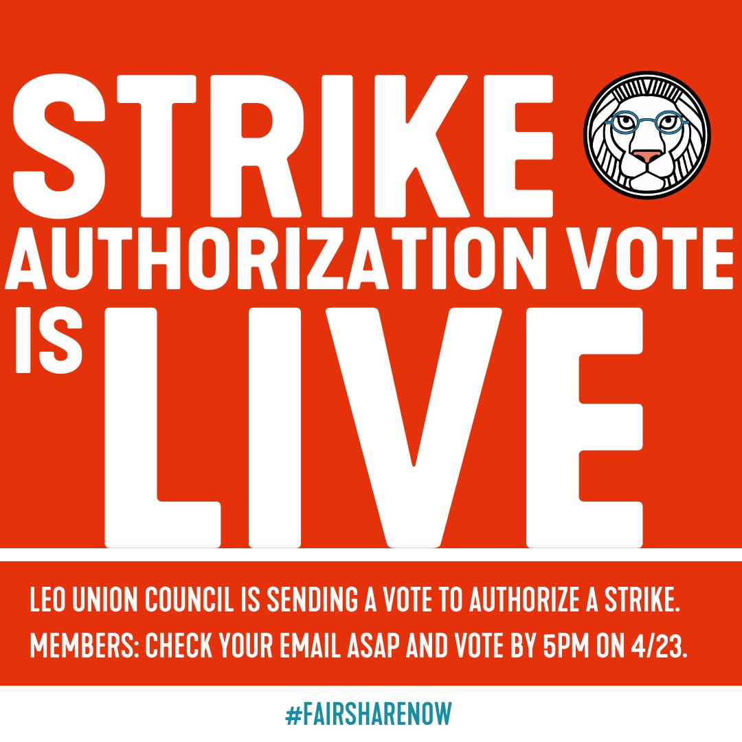 The LEO Union Council has voted to send out a strike authorization vote with the strong recommendation that all lecturer members vote YES. Lecturer members: check your email ASAP for a ballot and vote by 5pm on 4/23! #FairShareNow