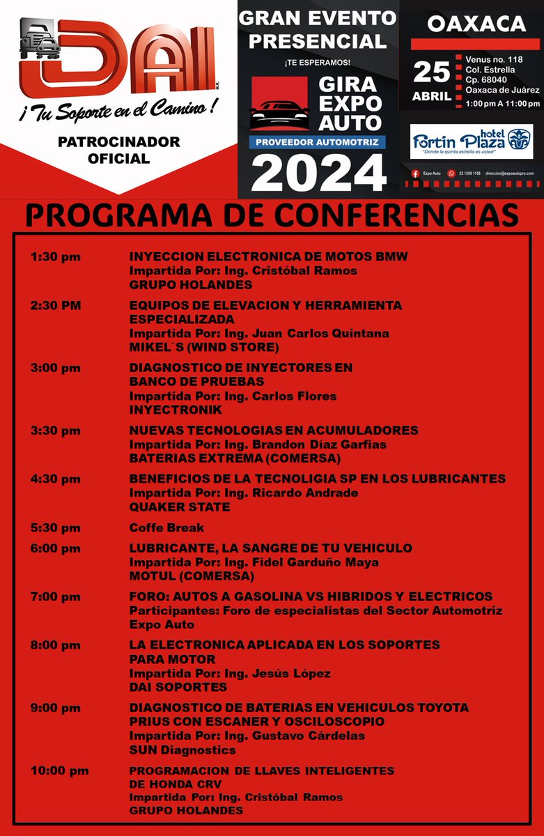 ARR70's tweet photo. PROGRAMA DE CONFERENCIAS DE LA GIRA EXPO AUTO 2024 EN OAXACA

Jueves 25 de abril en el Hotel Fortín Plaza de 1:00 a 11:00 pm
Realiza tu registro en el siguiente link
https://t.co/16r0Ts9u0Y
EVENTO GRATUITO                               #ExpoAuto #Dai #Sun https://t.co/OXagmC5CGg