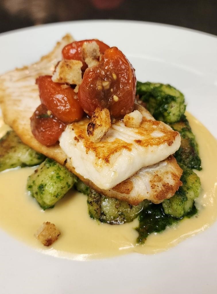 New to the menu is this stunning Pan Seared Fluke accompanied with charred ramp pesto, gnocchi, blistered tomato relish, citrus beurre blanc, and toasted breadcrumbs! This delicious dish is a must have! #fluke #chefcreation #harryssavoygrill #notjustafluke